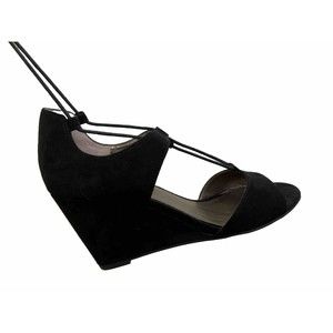 Moda Spana Black Strappy Shoes 4” Wedge Heels Black Suede VAIL  7